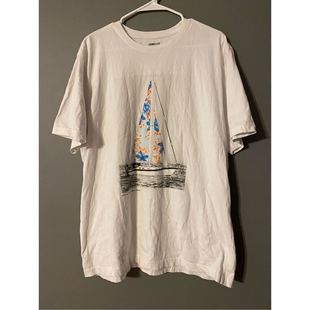 Crown & Ivy White Sailboat Short Sleeve T Shirt Size XL